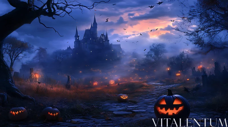 Eerie Halloween Castle with Glowing Pumpkins AI Image