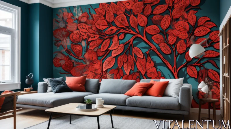 Art Nouveau Inspired Living Room Wall Mural with Red Tree AI Image