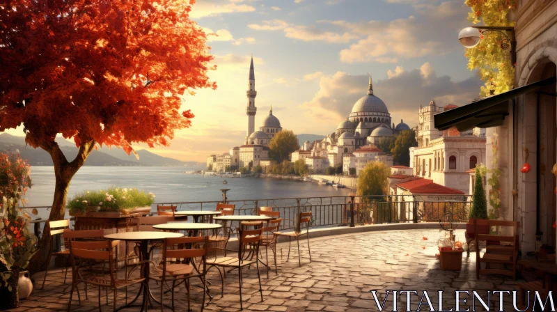 Autumn Cityscape with Outdoor Cafe and Water View AI Image