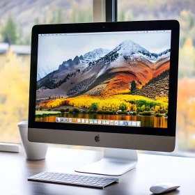 iMac Computer on Desk with Scenic Mountain View