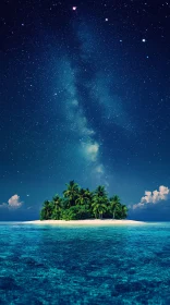 Isolated Island with Palm Trees Under Starry Night