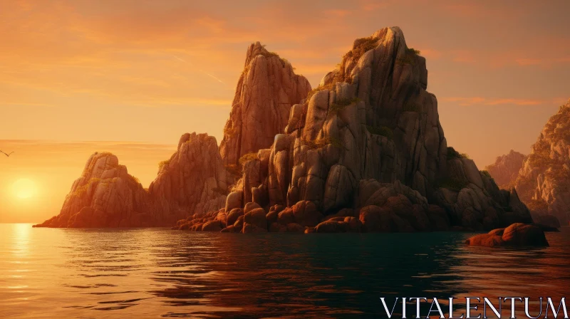 Breathtaking Sunset over the Ocean with Fantasy Rocks | Hyper-Detailed Rendering AI Image