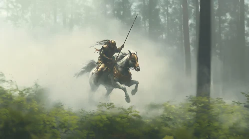 Foggy Forest Knight on Horseback