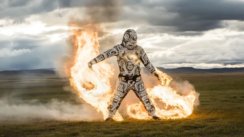 Technological Figure Wielding Fire in Open Landscape