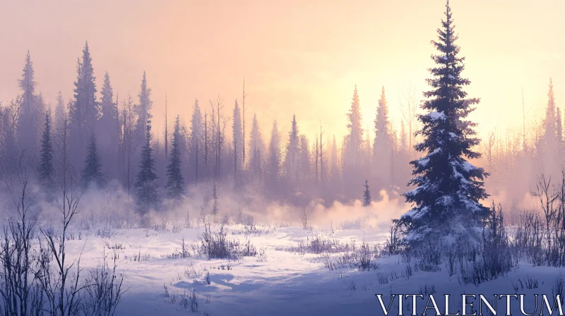 AI ART Snowy Pine Forest at Sunrise