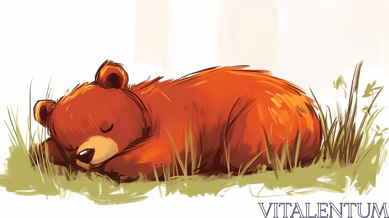 AI ART Illustration of a Sleeping Bear in the Grass