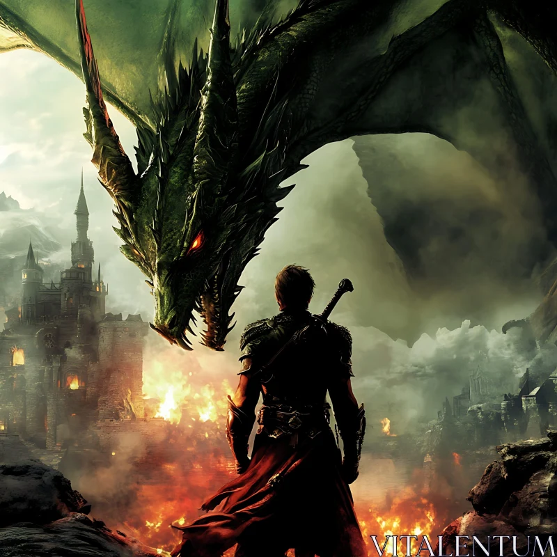 Warrior Facing Dragon in Fantasy World AI Image