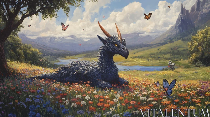 AI ART Dragon Resting Among Flowers