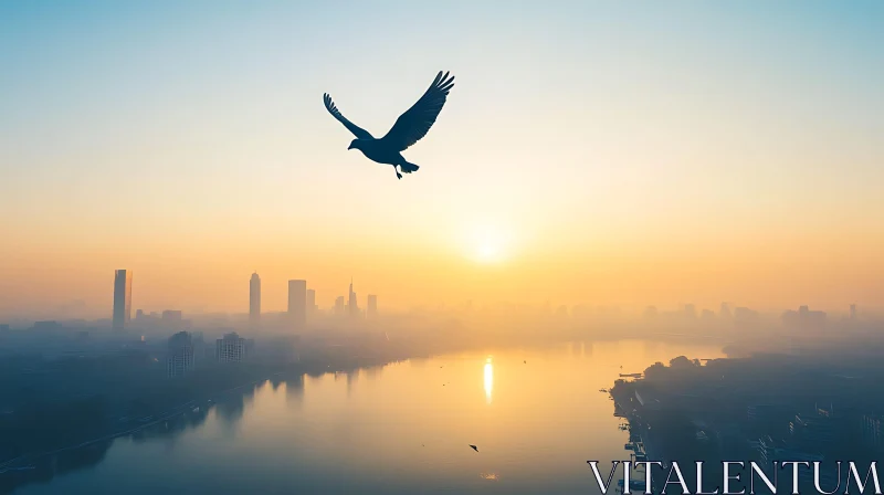 Bird Flying Above Cityscape AI Image