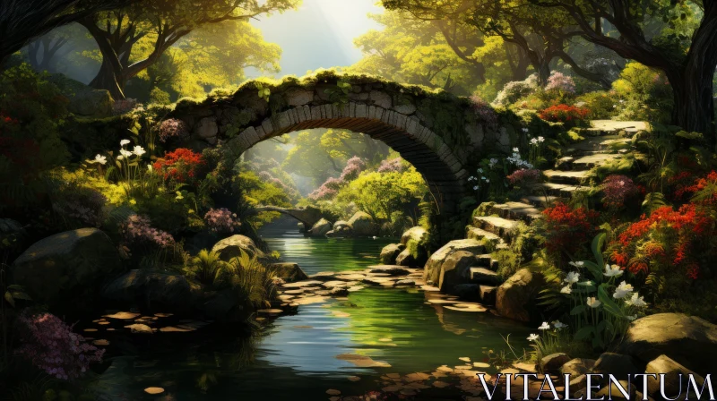 Fantasy Forest Landscape with Sunlit Bridge and River AI Image