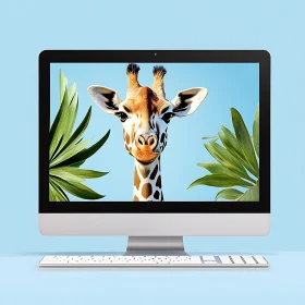 Giraffe on Monitor with Leaves