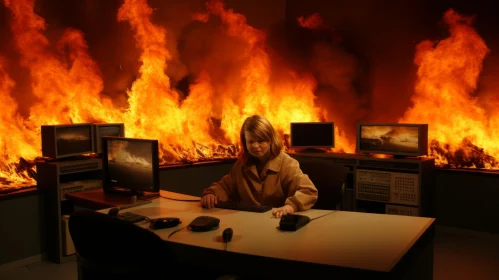 Intense Fire Scene: Woman at Desk Engulfed in Flames