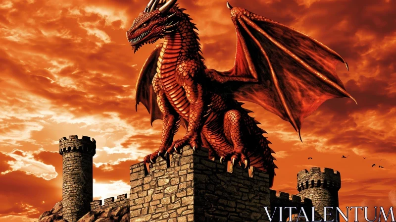 Majestic Red Dragon on Castle Wall - Digital Fantasy Art AI Image