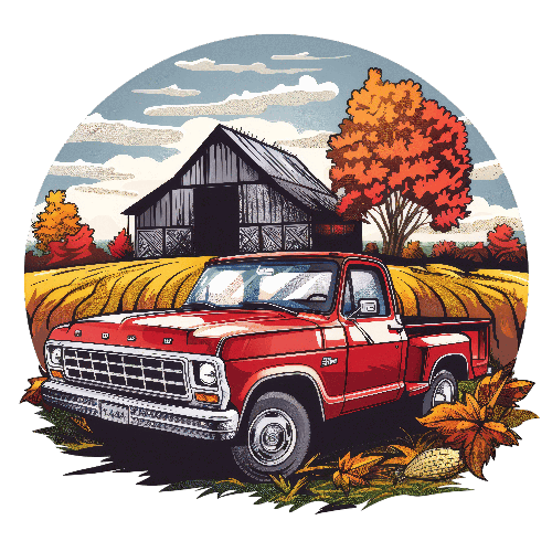 Rustic Autumn Landscape with Red Pickup Truck and Barn POD Design