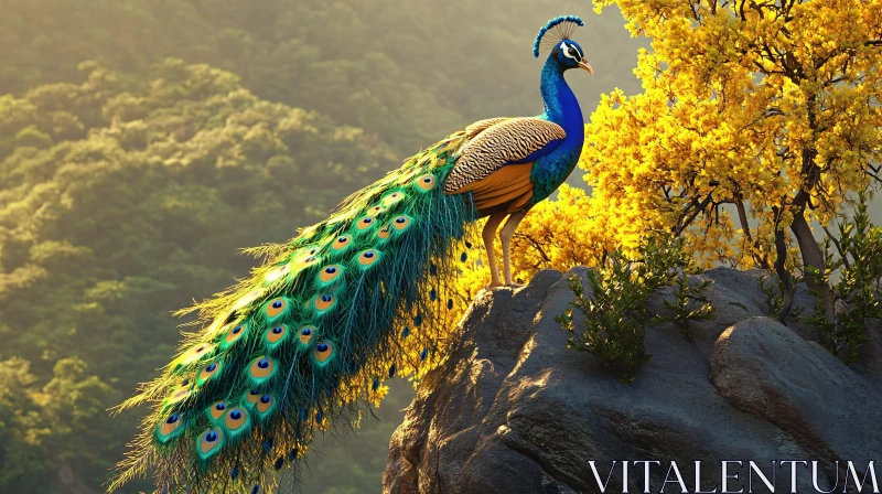 Peacock on a Rock with Yellow Flowers AI Image