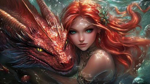 Red-haired Woman with Dragon Underwater