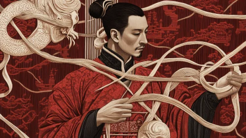 Asian Man Portrait with Dragon and Red Robe