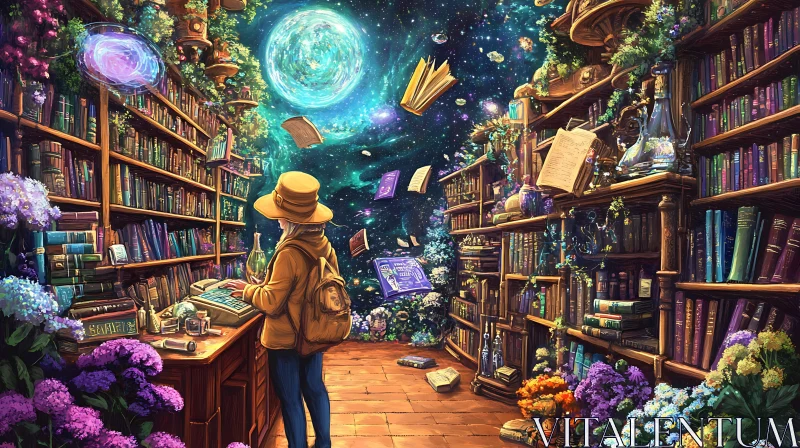 Magical Library with Floating Books AI Image