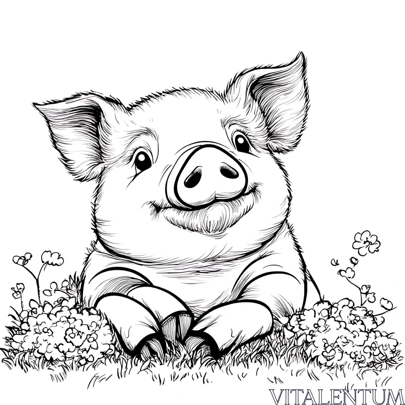 Charming Pig Cartoon Among Flowers AI Image