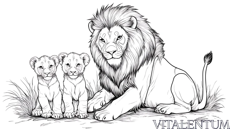 AI ART Monochrome Lion and Cubs