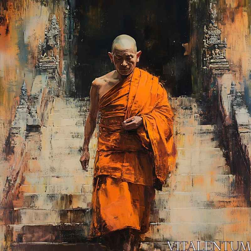 Serene Monk on Ancient Steps Painting AI Image