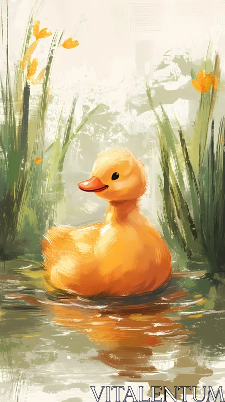 Whimsical Young Duck on Pond AI Image