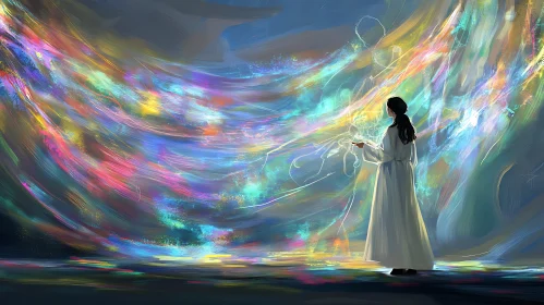 Woman Drawing in Rainbow Light