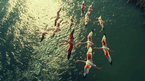 Pink Flamingos in Flight