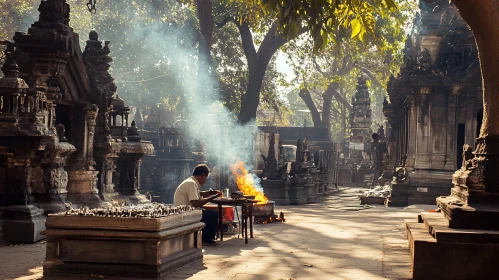 Temple Courtyard with Fire Ceremony