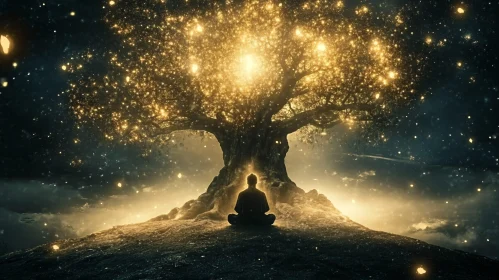 Person Meditating Under a Glowing Tree