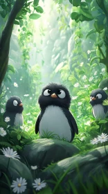 Charming Penguins Amid Lush Greenery