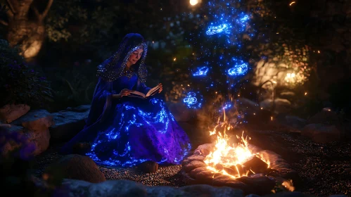 Woman Reading by Magical Bonfire