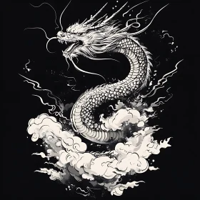 Monochrome Dragon Artwork on Black Canvas