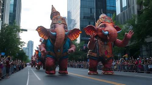 Ornate Elephant Characters Celebrate on City Road