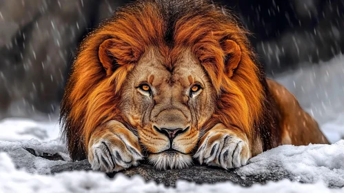 Regal Lion Resting in Snow