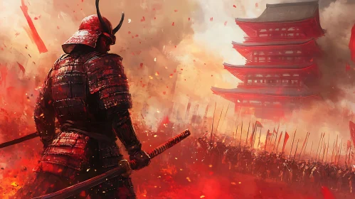 Red Samurai Guarding Ancient Temple