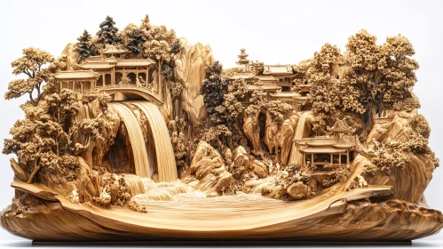 Detailed Wooden Sculpture of Asian Architecture