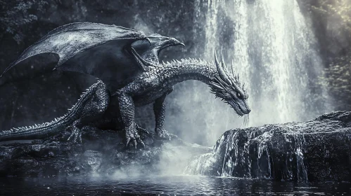 Mythical Dragon by the Waterfall