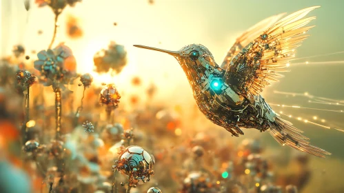 Robotic Bird Among Metallic Flowers