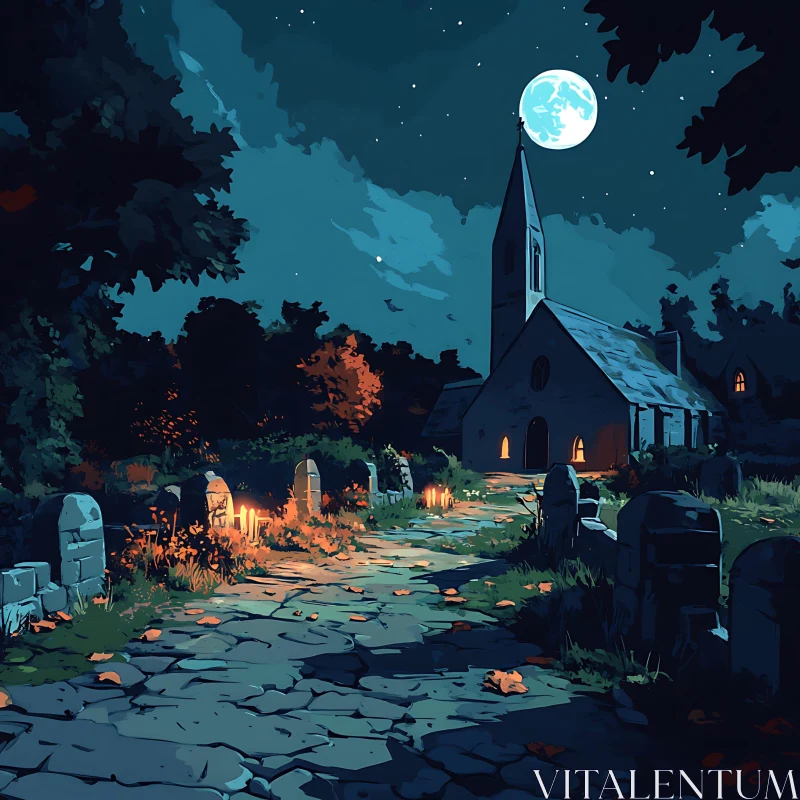 AI ART Nighttime Scene of Church and Graveyard