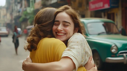 Women's Affectionate Hug on City Street