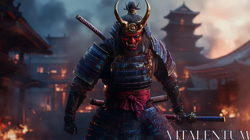 AI ART Red Masked Samurai with Swords