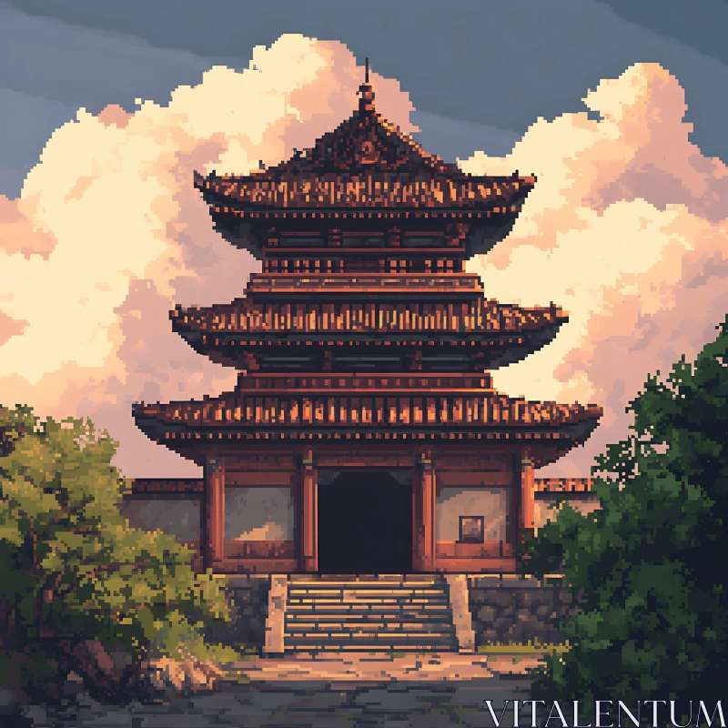 Pixel Art Pagoda Under Cloudy Skies AI Image