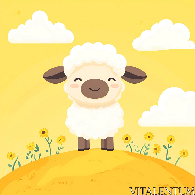 Cute Sheep Cartoon with Flowers AI Image