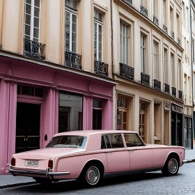 Classic Pink Car on European Cobblestone Street