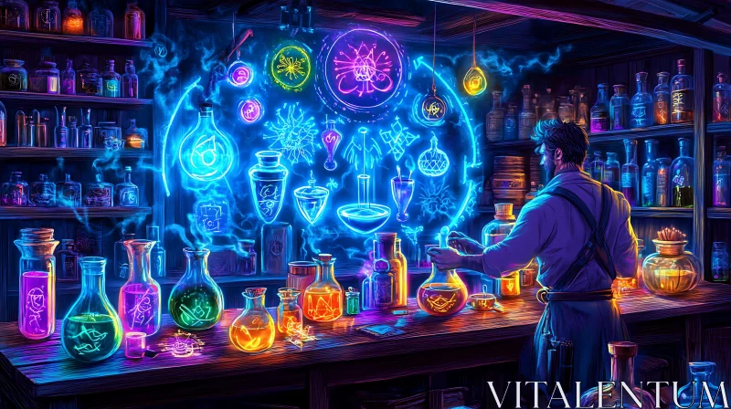 AI ART Neon Magic: Brewing Potions in the Wizard's Lab