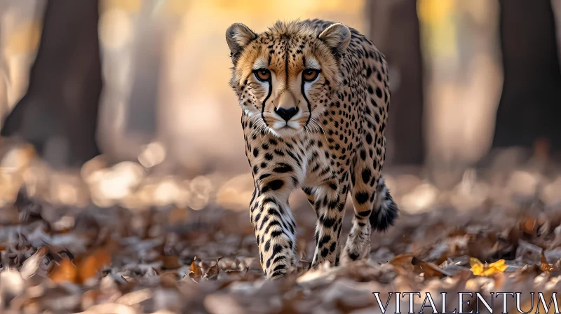 Cheetah Walking Among Fall Leaves AI Image