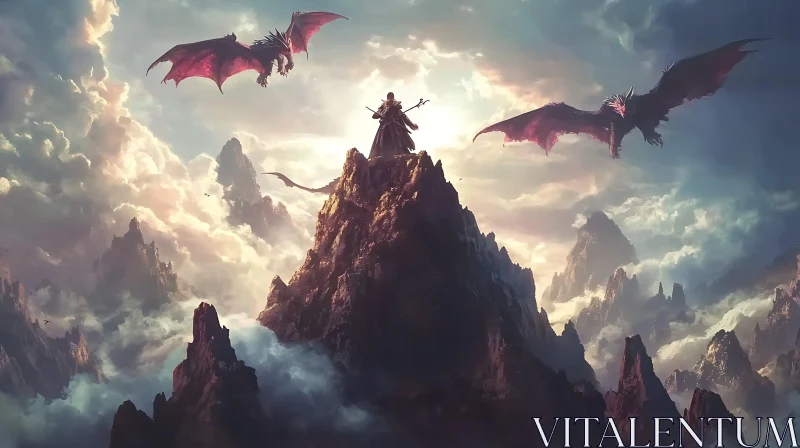 AI ART Mountain Wizard with Dragon Guardians