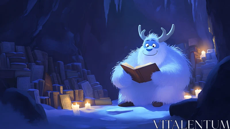 AI ART Reading Yeti in Snowy Cave