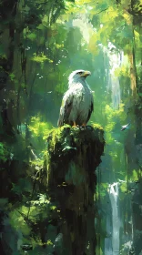 Eagle Overlooking Waterfall in Forest